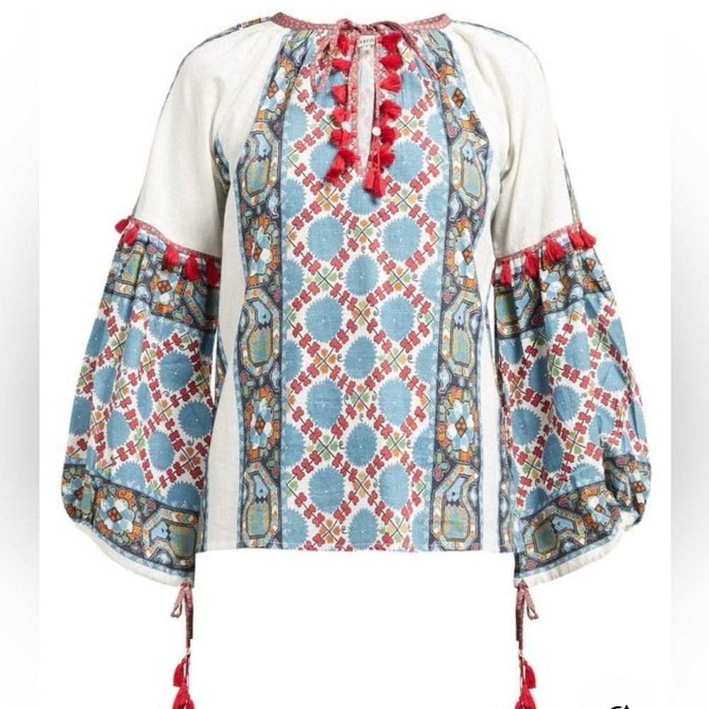 D'Ascoli Printed V-Neck Peasant Blouse